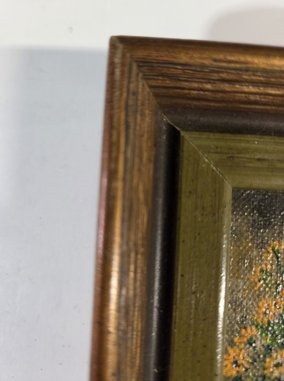 Vintage Mini Framed Floral Painting - Yellow Flowers in Teal Vase - Picture 5 of 6